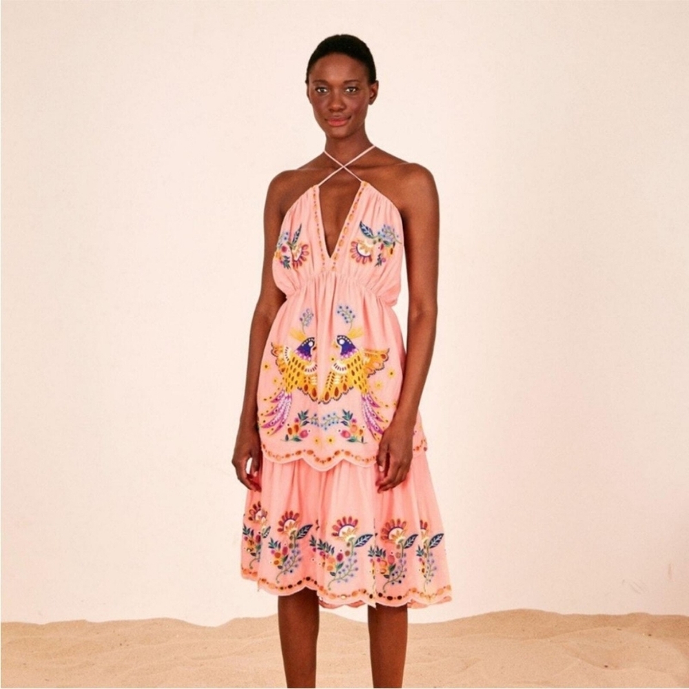 FARM Rio Embroidered Richelieu Crossed Front Midi Dress Pink Small
